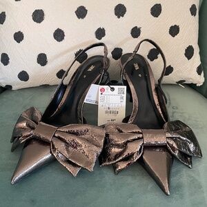 Zara metallic grey bow slingback heels in 6.5